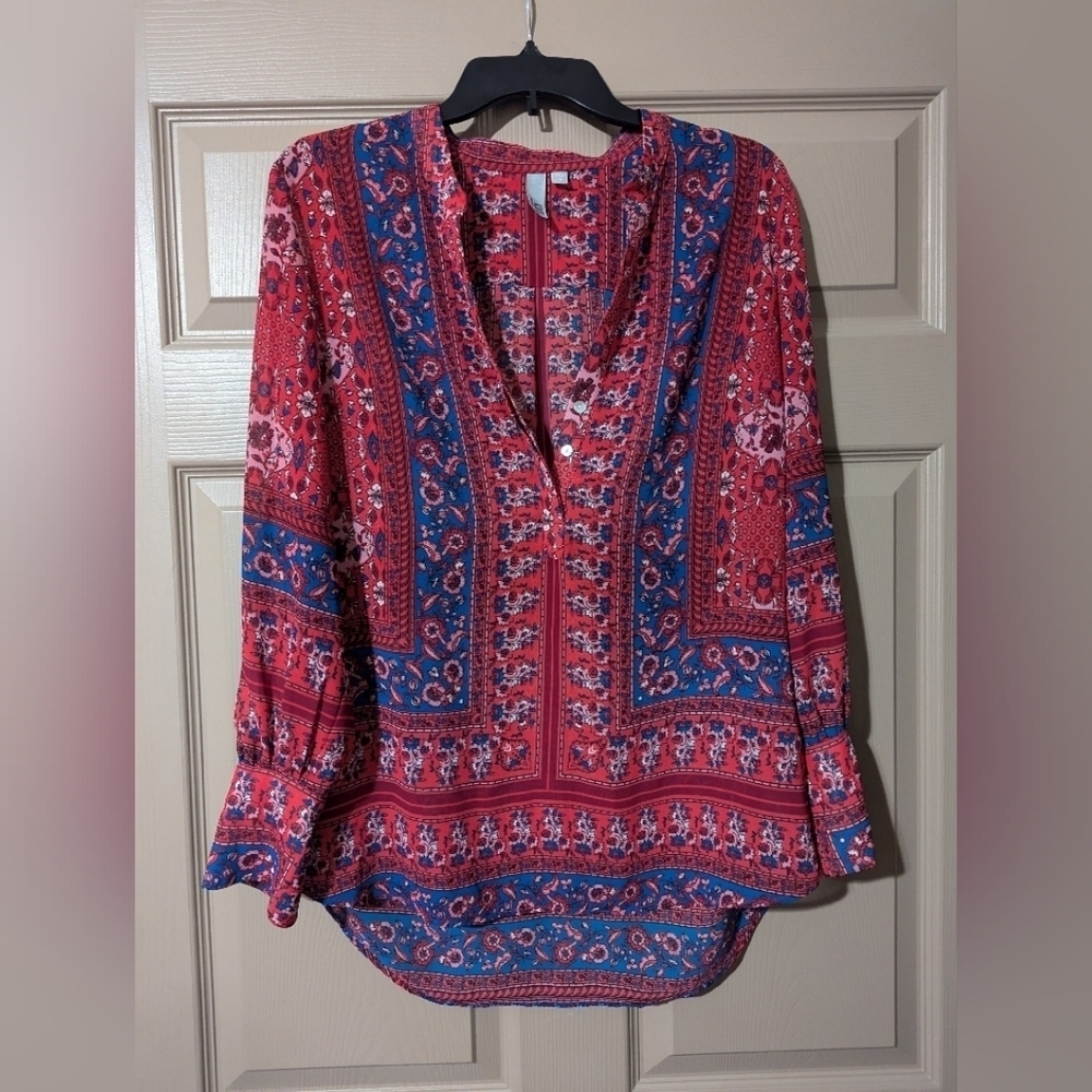KUT Red and Blue V-Neck Long Benica Slit Sleeve Blouse - Picture 4 of 8
